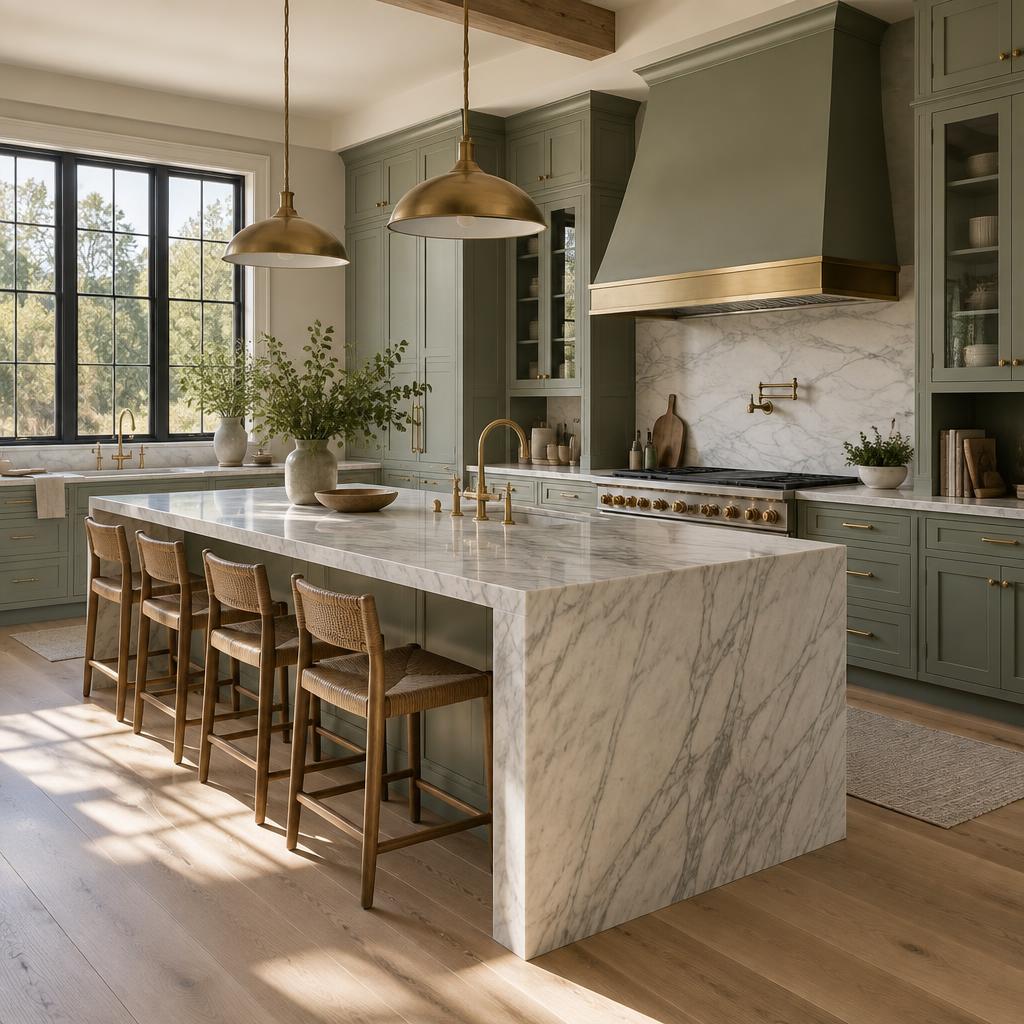 New custom home kitchen with marble island and sage cabinetry