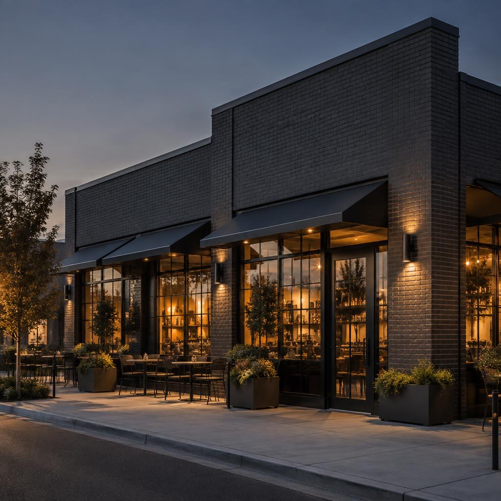 New commercial restaurant and retail storefront at dusk