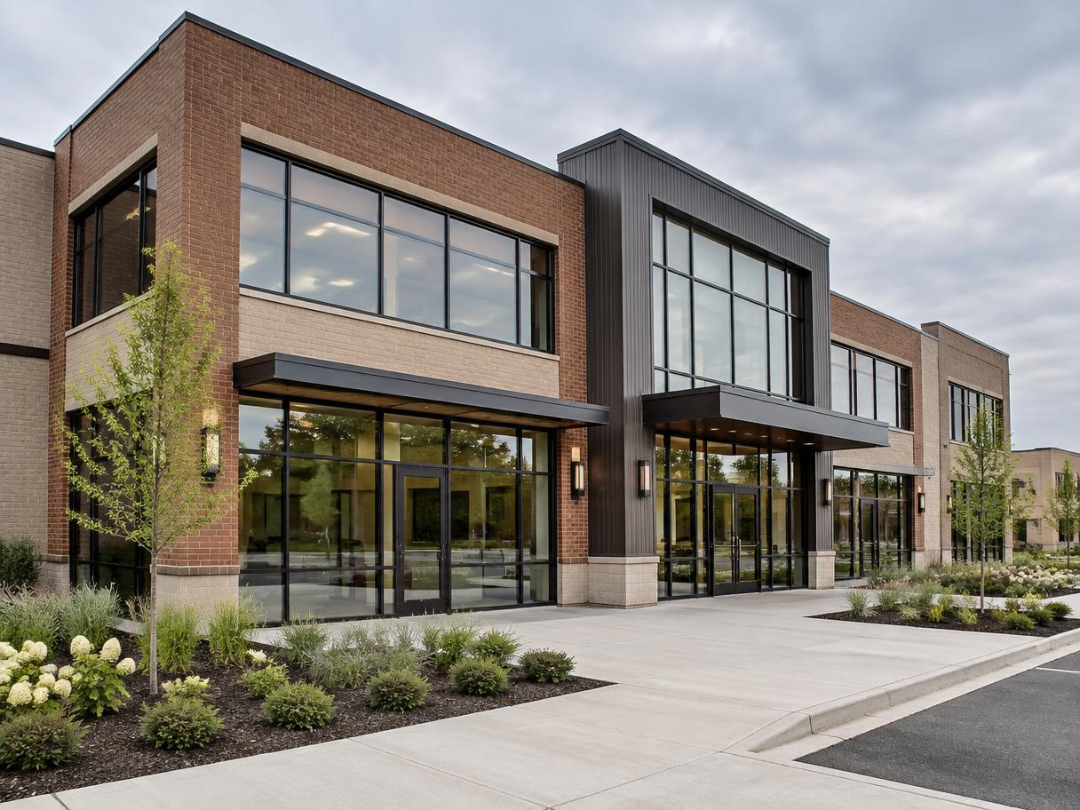 Newly built brick and glass commercial office and retail building
